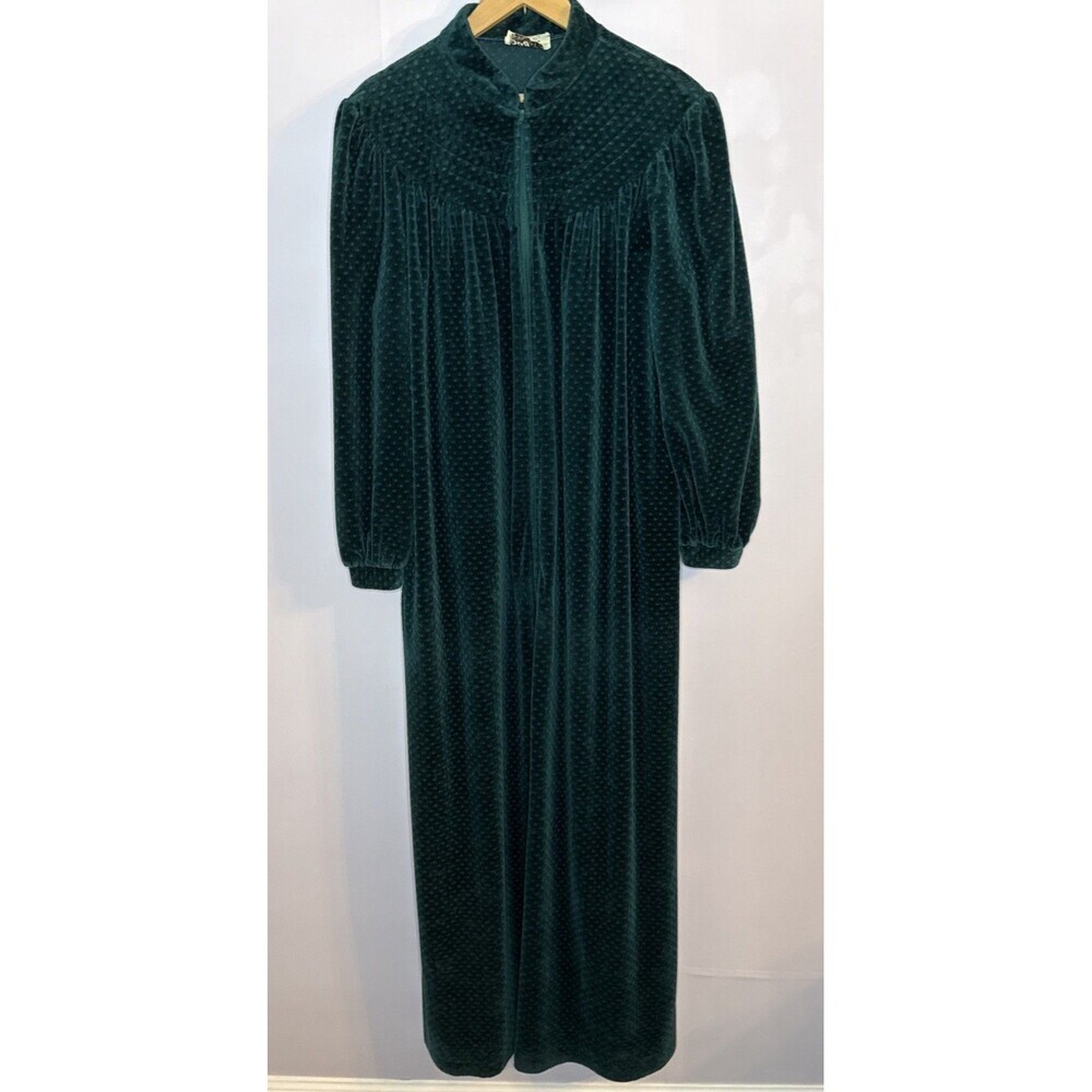 Styled By Say~Lu Vtg‎ Green Velour Robe Long Zip Up Pleat Pintuck Nightgown Med